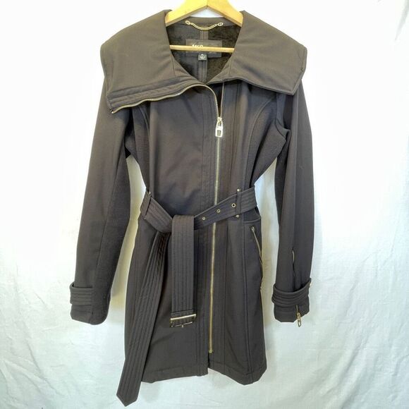 M60 Miss Sixty Black Long Sleeve Full Zip Belted Trench Coat Size Large - Picture 1 of 9